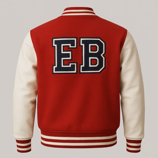 Classic Men's Varsity Jacket – Red with White Contrast Sleeves - Image 2
