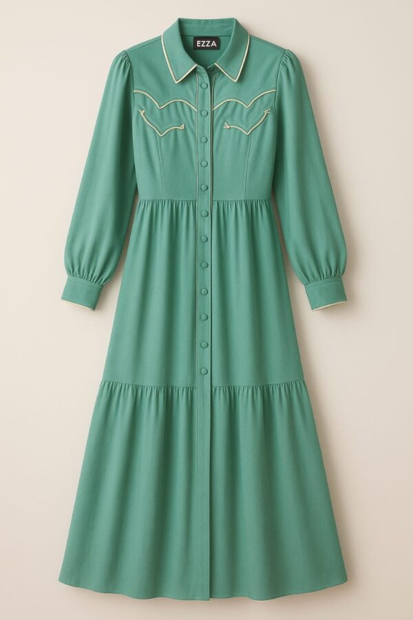 Sea green Western maxi dress with cream piping – EZZA front view