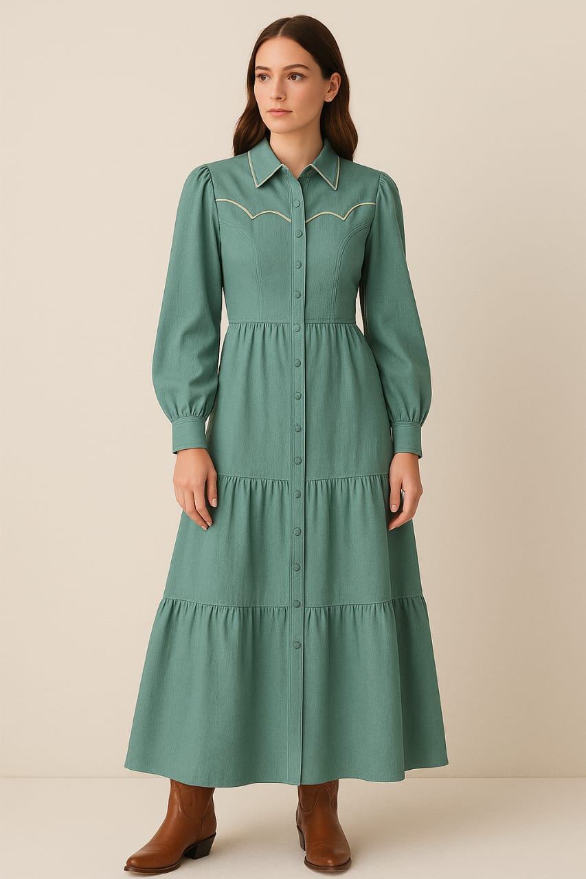 Model wearing sea green EZZA BEE maxi dress with long sleeves and button-down front